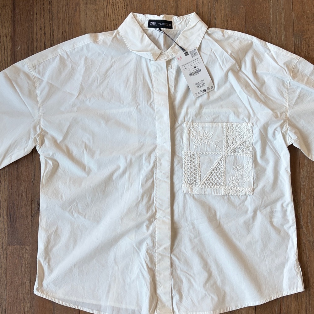Zara, white, guipore lace pocket poplin shirt, Large - Picture 7 of 8